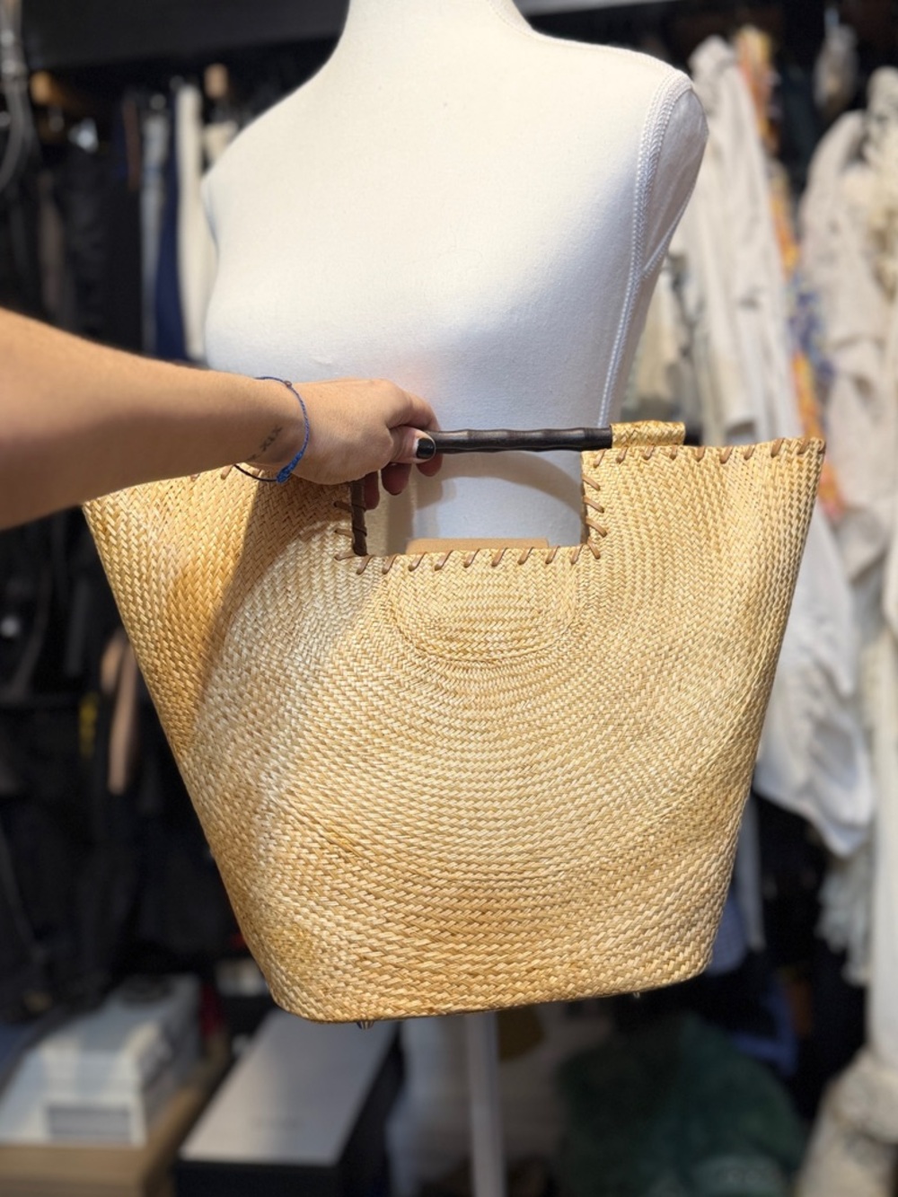 Handwoven Straw Tote Bag with Wooden Handles - Picture 6 of 9